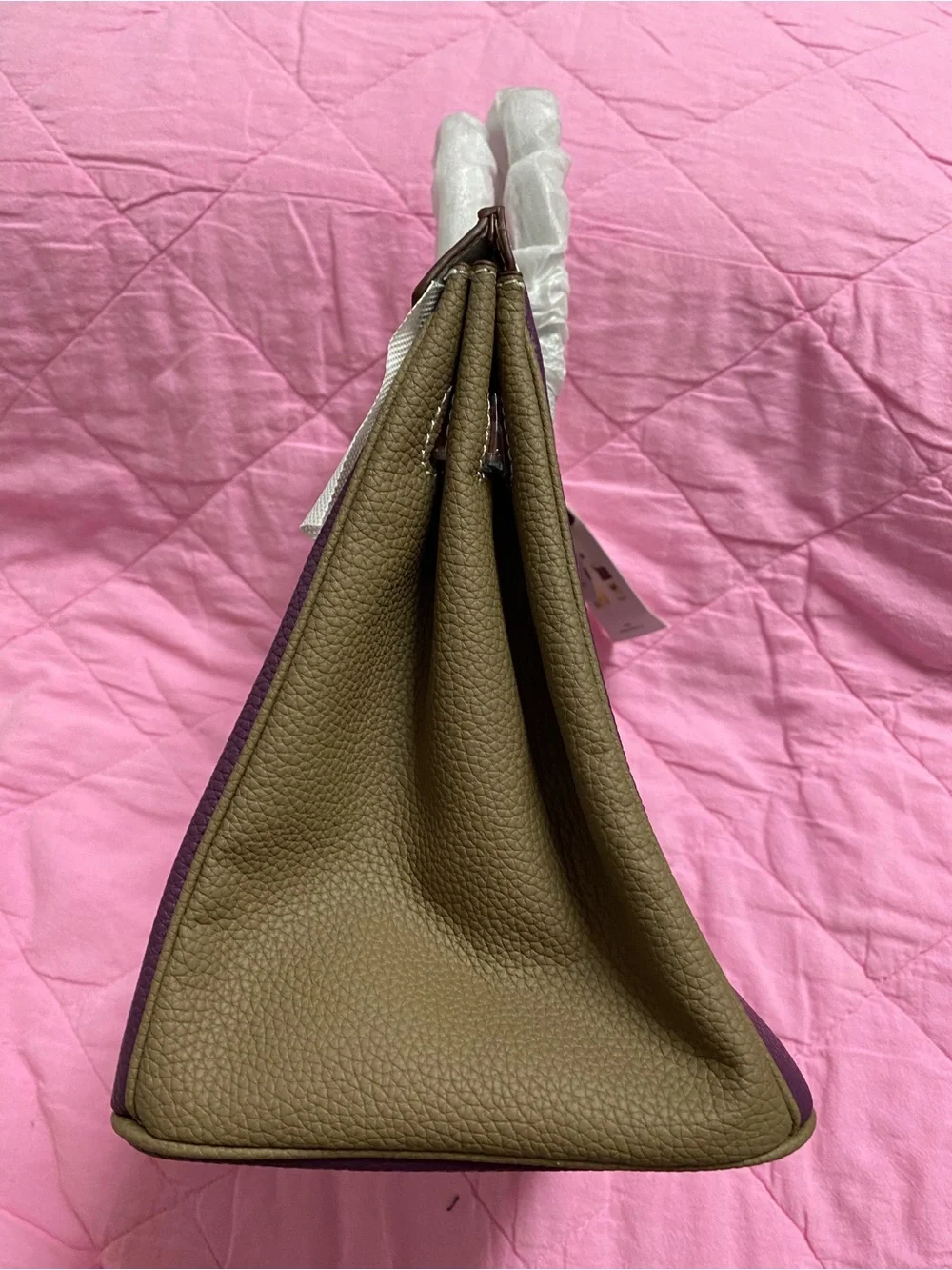 Women's Tri-Color Leather Tote Bag - Purple, White & Brown